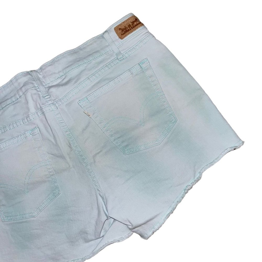 Levis Distressed Frayed Raw Hem Aqua Blue Denim Jean Shorts Womens 12 - Picture 6 of 7